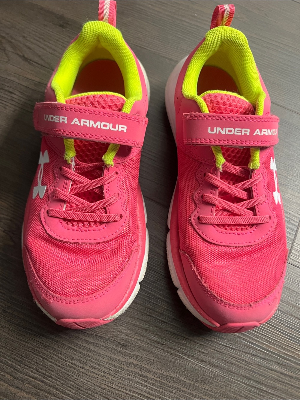 Under Armour Kids Bright Pink Sneakers with Neon Yellow Accent - Girls Size 3